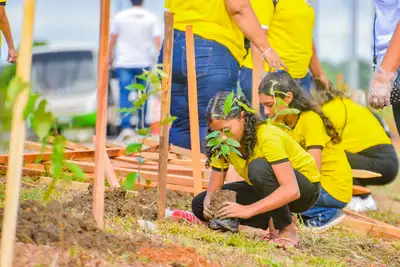 notícia: Junho Verde: crianças e adultos plantam jatobá e ipê durante ação ambiental do Governo do Amapá na Zona Norte de Macapá