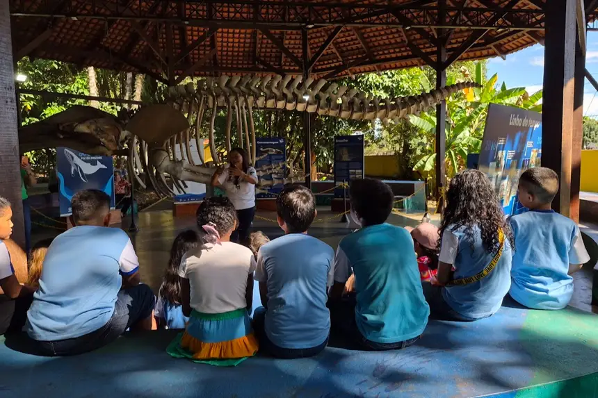 Aula prática no local onde está exposta o esqueleto de uma baleia Jubarte